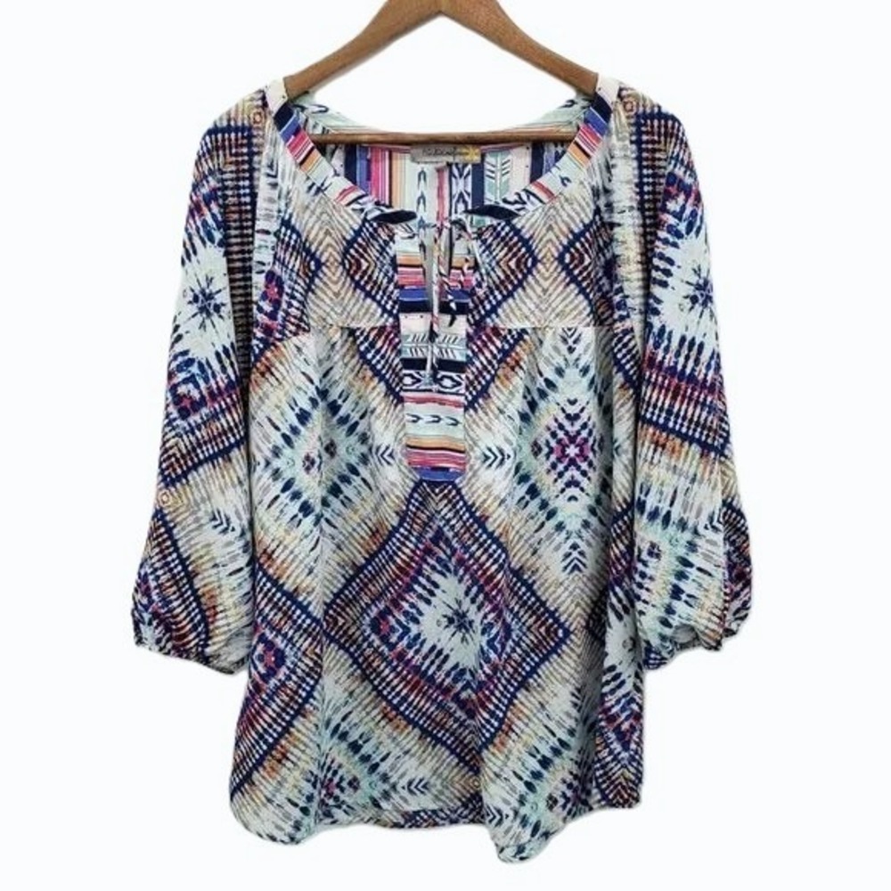 Figueroa & Flower Womens 2X Multicolor Geometric Keyhole‎ Blouse 3/4 Sleeve Top